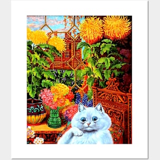 Cat Sitting with Flowers : A Louis Wain abstract psychedelic Art Print Posters and Art